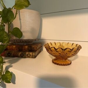 Vintage Indiana Amber Glass Grapevine Embossed Pedestal Candy Dish